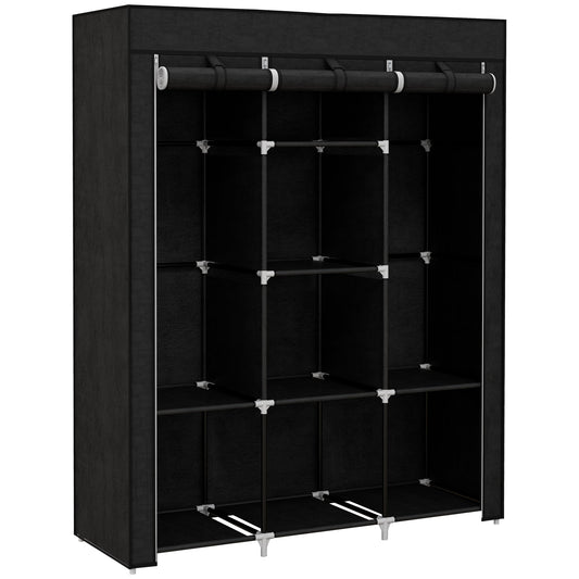 HOMCOM Fabric Wardrobe, Portable Wardrobe, Clothes Storage Unit with 8 Shelves, 2 Hanging Rods, 125 x 43 x 162.5 cm, Black