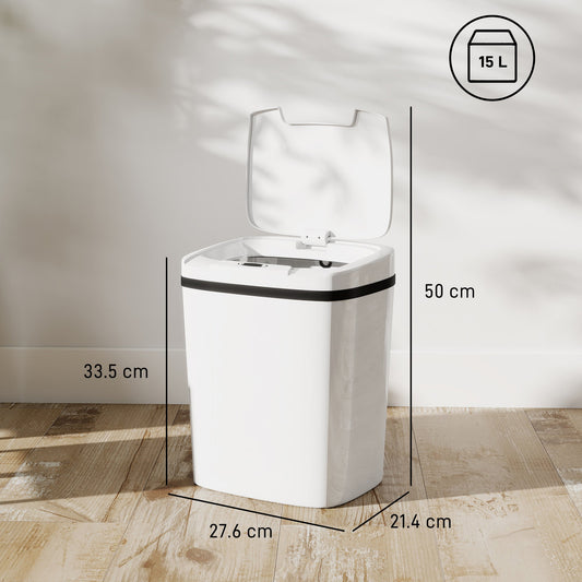 HOMCOM 15L Sensor Bin, Automatic Touchless Kitchen Bin, Easy Clean, Battery Operated for Home Office, Bedroom, Bathroom, White