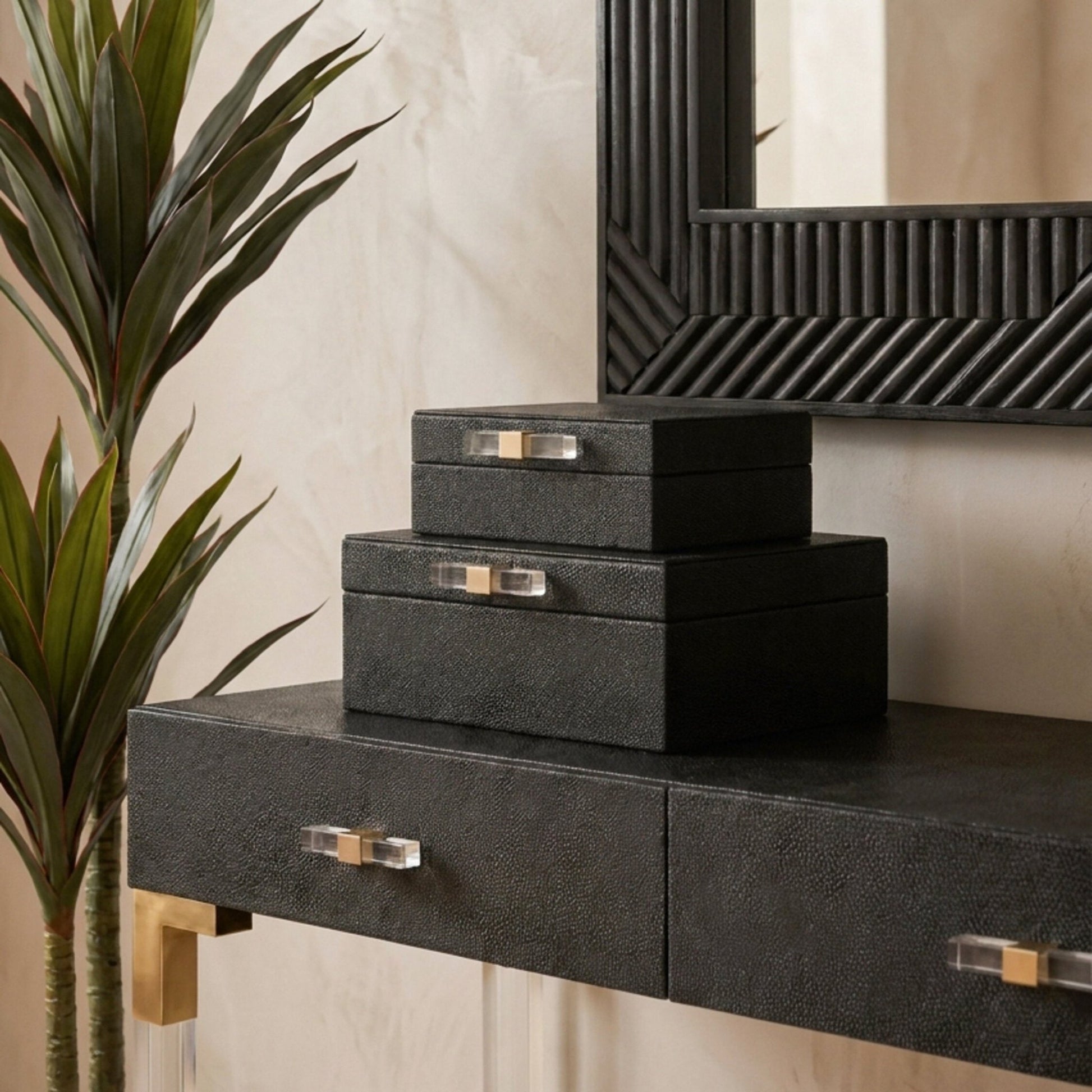 Cardona Set of Two Black Shagreen Effect Trinket Boxes | Luxury Home Accessories | Heulog Glow