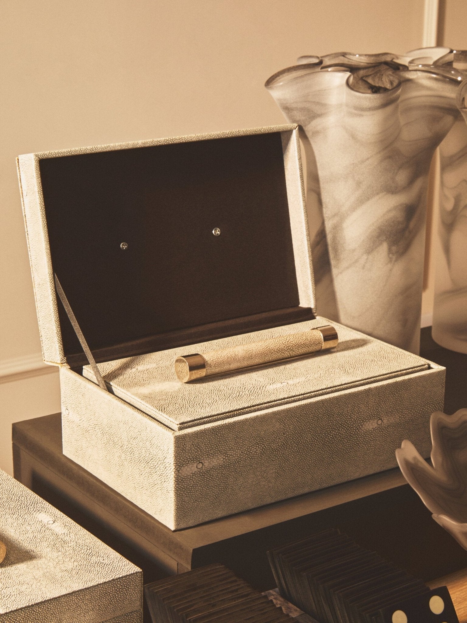 Cardona Set of Two Grey Shagreen Effect Trinket Boxes | Luxury Home Accessories | Heulog Glow