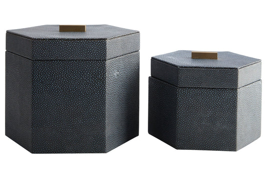 Cardona Set Of Two Hexagonal Blue Shagreen Effect Trinket Boxes | Luxury Home Accessories | Heulog Glow