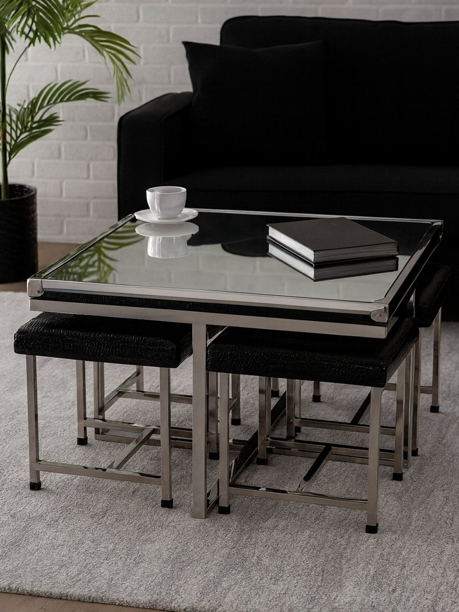 Carla 5 Piece Crocodile Leather Effect Coffee Table and Stool Set | Luxury Home Accessories | Heulog Glow