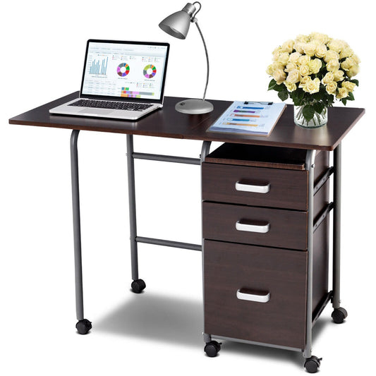 Folding Computer Desk with Rolling Wheels and 3 Drawers for Home Office-Brown