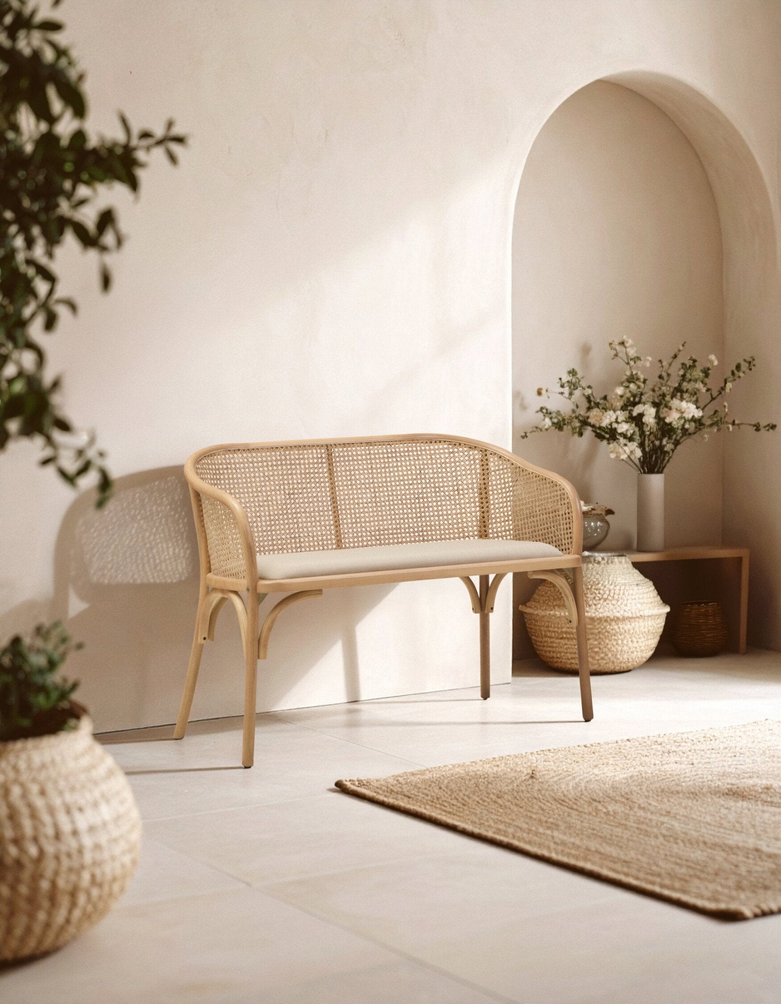 Cebu Natural Cane and Beech Wood Bench with Backrest | Luxury Home Accessories | Heulog Glow
