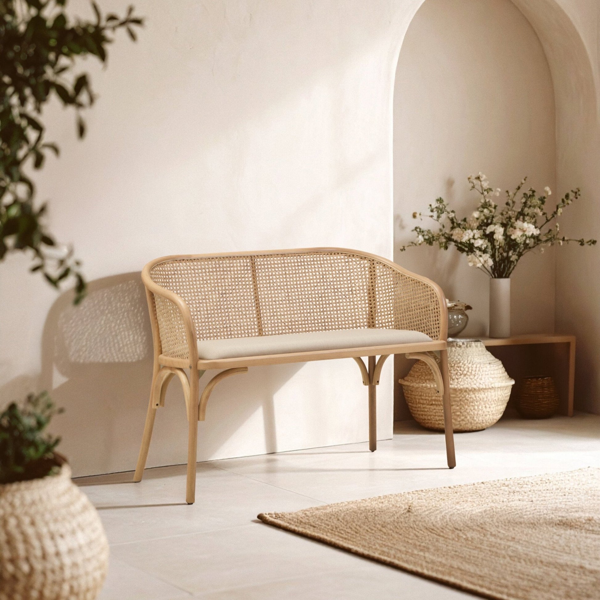 Cebu Natural Cane and Beech Wood Bench with Backrest | Luxury Home Accessories | Heulog Glow