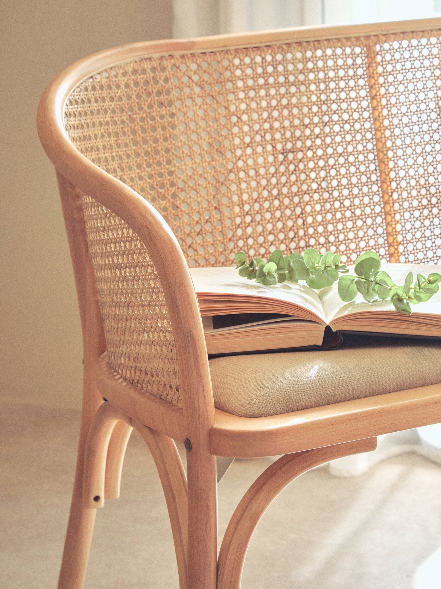 Cebu Natural Cane and Beech Wood Bench with Backrest | Luxury Home Accessories | Heulog Glow
