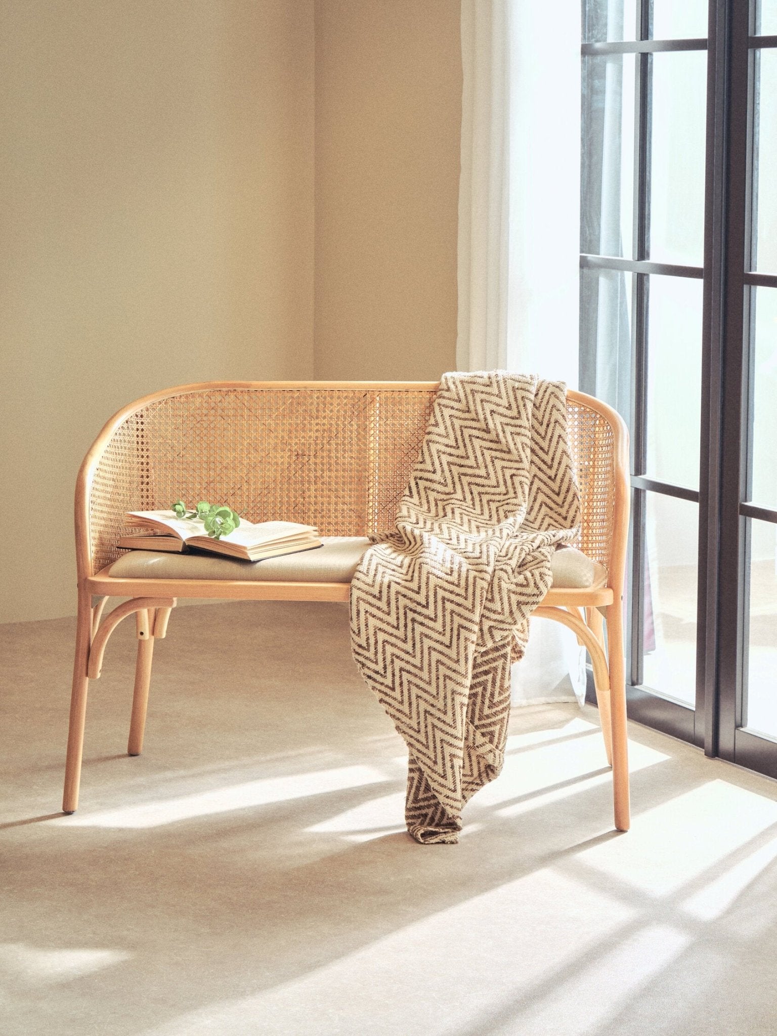 Cebu Natural Cane and Beech Wood Bench with Backrest | Luxury Home Accessories | Heulog Glow