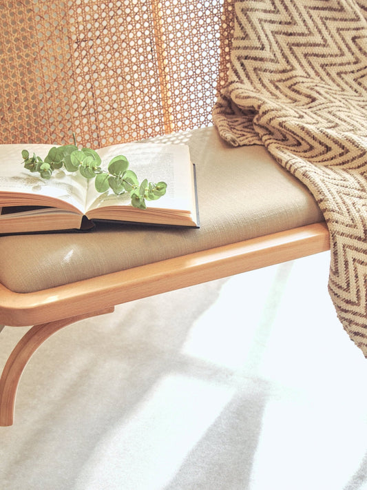 Cebu Natural Cane and Beech Wood Bench with Backrest | Luxury Home Accessories | Heulog Glow