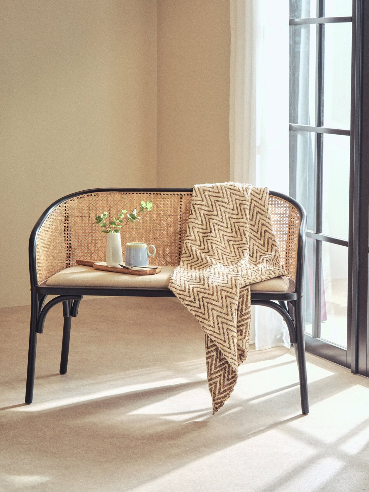 Cebu Natural Cane Bench with Black Beech Wood Frame | Luxury Home Accessories | Heulog Glow