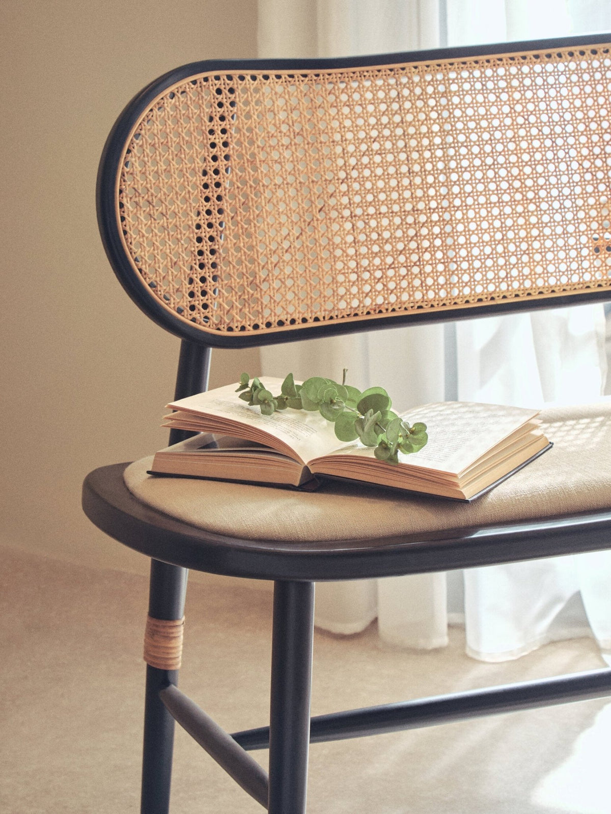 Cebu Natural Cane Bench with Black Elm Wood Frame | Luxury Home Accessories | Heulog Glow