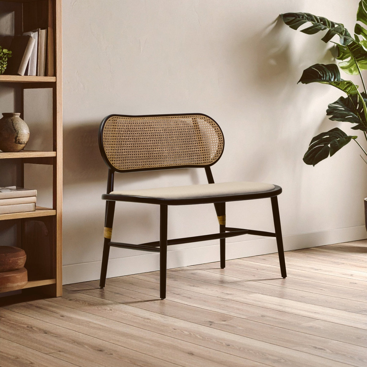 Cebu Natural Cane Bench with Black Elm Wood Frame | Luxury Home Accessories | Heulog Glow