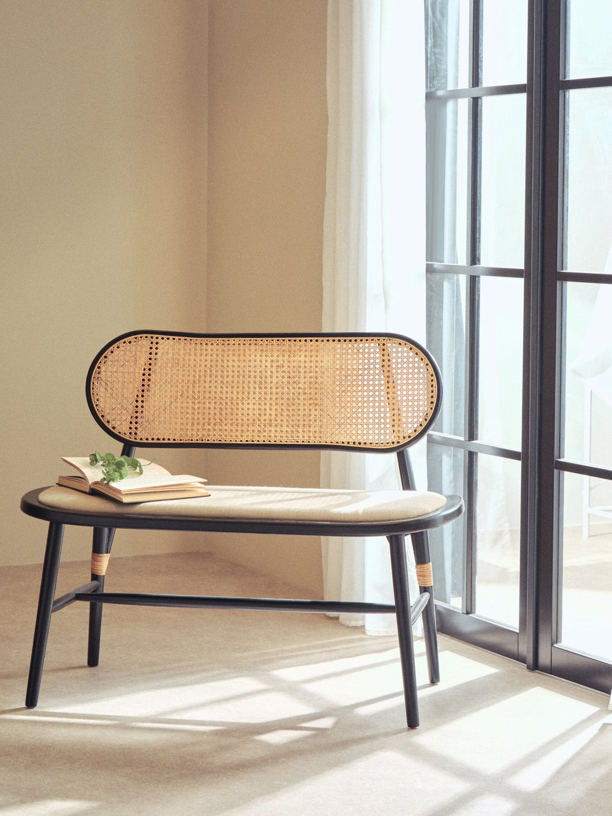 Cebu Natural Cane Bench with Black Elm Wood Frame | Luxury Home Accessories | Heulog Glow