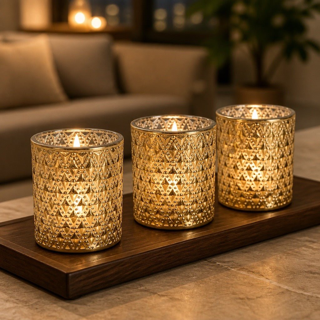 Champagne Lustre Tealight Votive Holders – Set of 3 | Luxury Home Accessories | Heulog Glow
