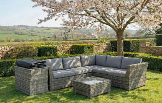 Chesterton Grey 5 Seater Corner Rattan Garden Sofa Lounge Set, Cover and Cushion Box Bundle | Luxury Home Accessories | Heulog Glow