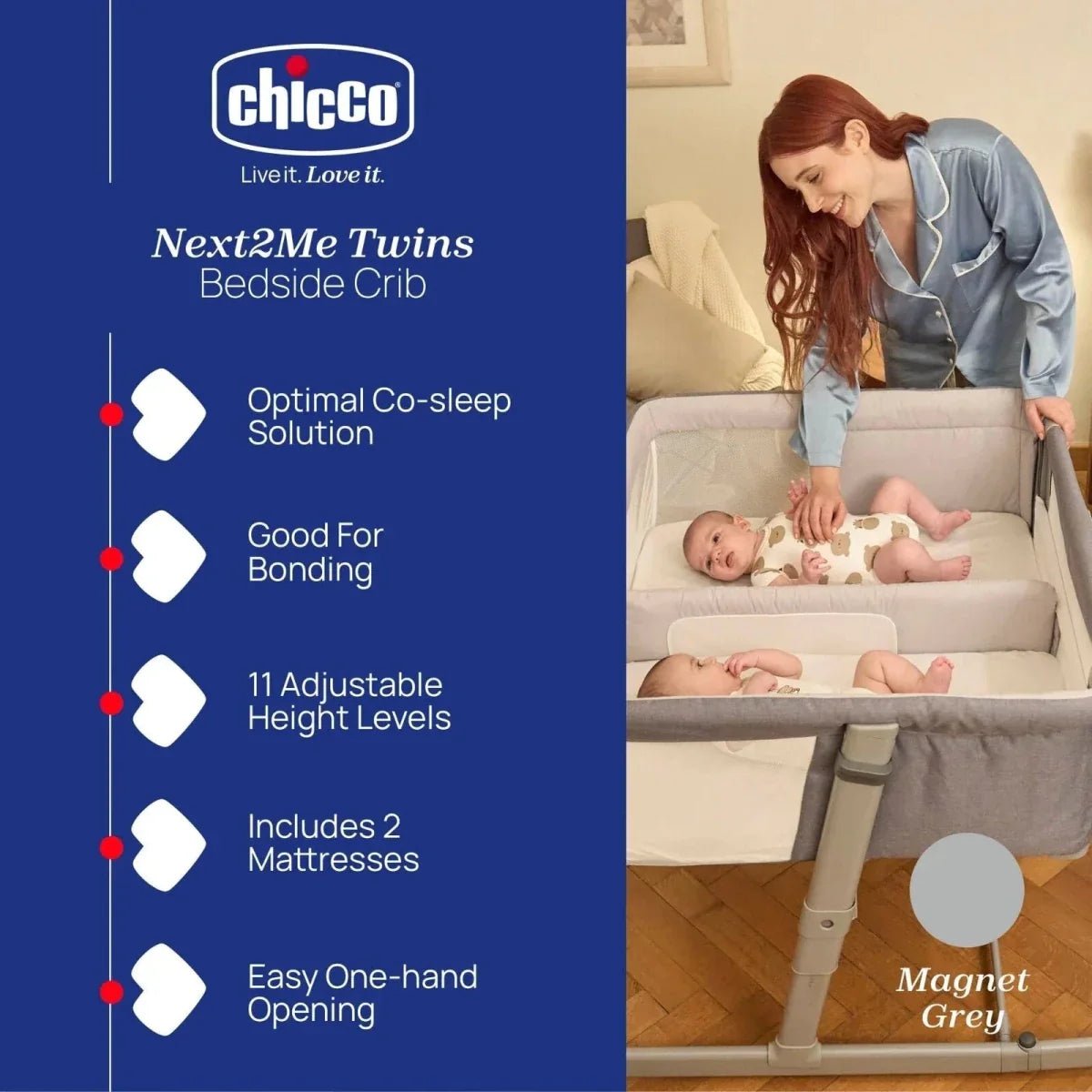 Chicco Next2Me Twins Crib - Magnet Grey | Luxury Home Accessories | Heulog Glow