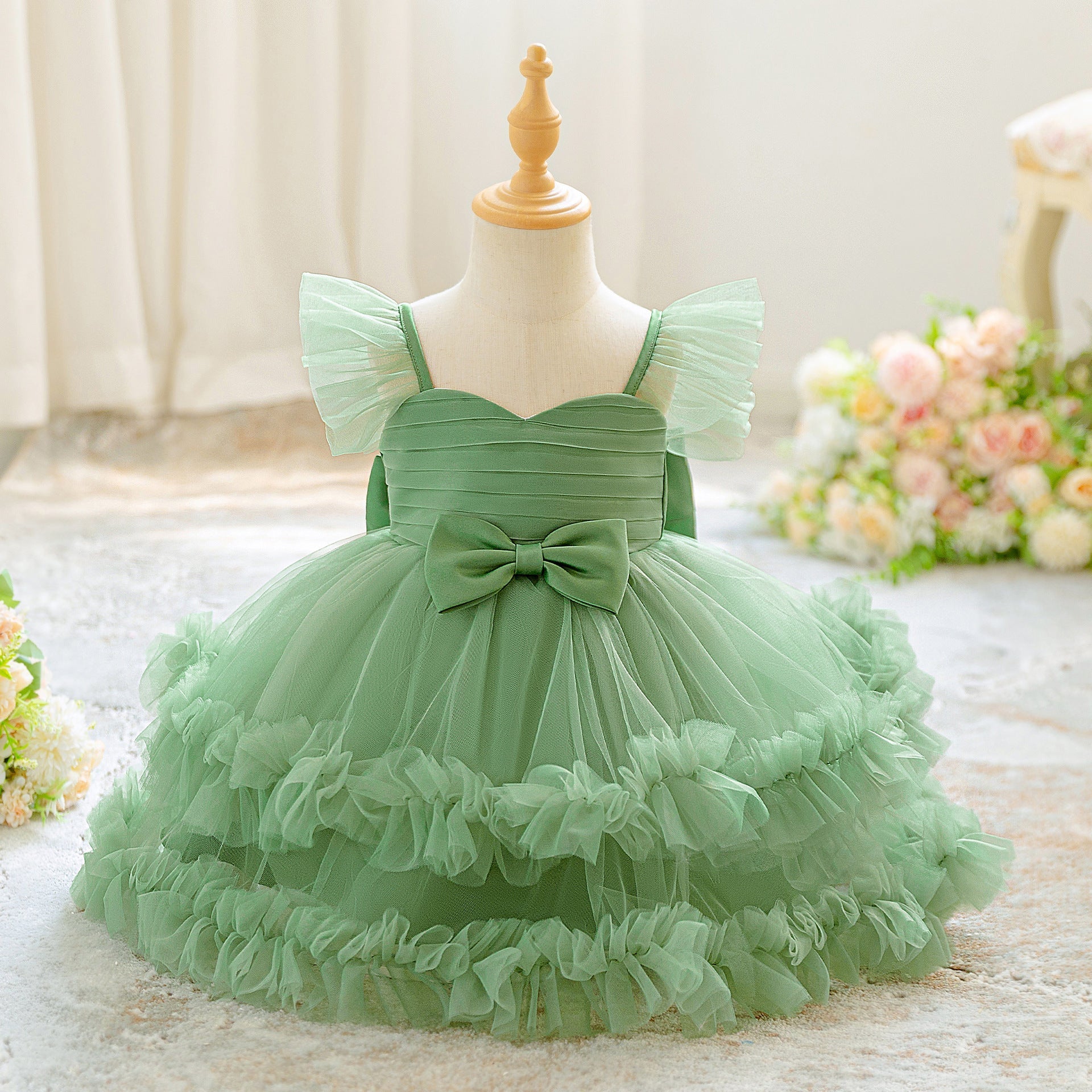 Children's Puff-sleeve Bowknot Tulle Fluffy Tiered Cake Skirt | Luxury Home Accessories | Heulog Glow