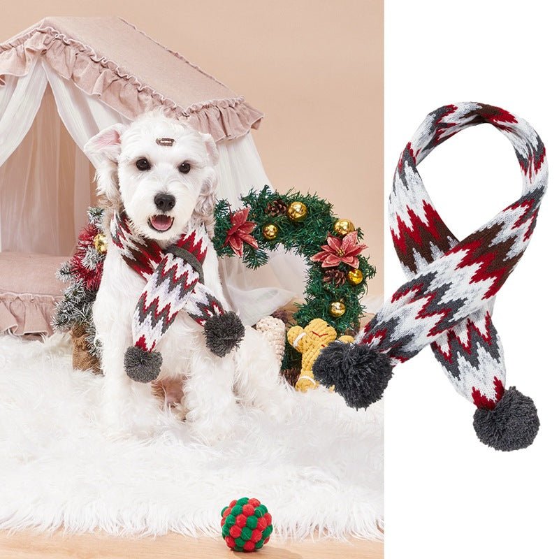 Christmas Pet Scarf Contrast Color Striped Red Snowflake Fur Ball Warm And Comfortable | Luxury Home Accessories | Heulog Glow