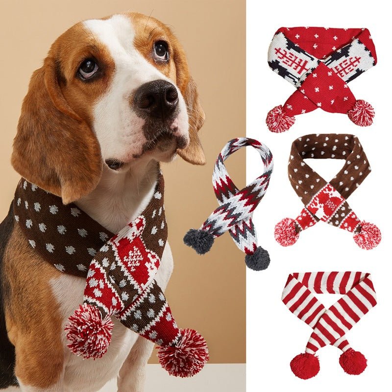 Christmas Pet Scarf Contrast Color Striped Red Snowflake Fur Ball Warm And Comfortable | Luxury Home Accessories | Heulog Glow