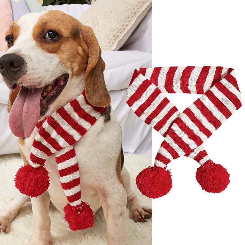 Christmas Pet Scarf Contrast Color Striped Red Snowflake Fur Ball Warm And Comfortable | Luxury Home Accessories | Heulog Glow