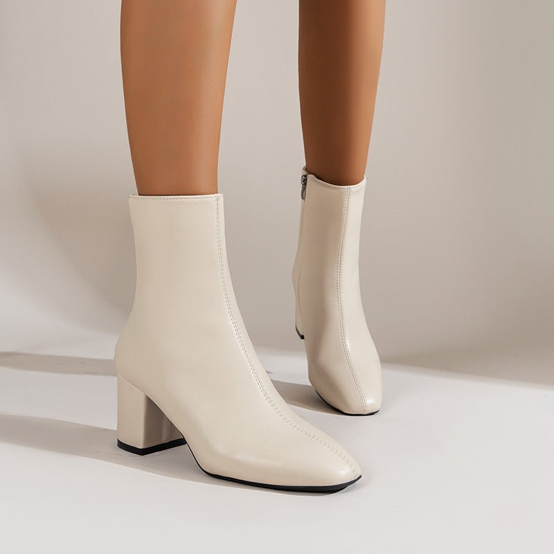 Chunky Heel Pointed Toe Boots With Side Zipper Fashion Mid-calf Boot For Women Shoes | Luxury Home Accessories | Heulog Glow