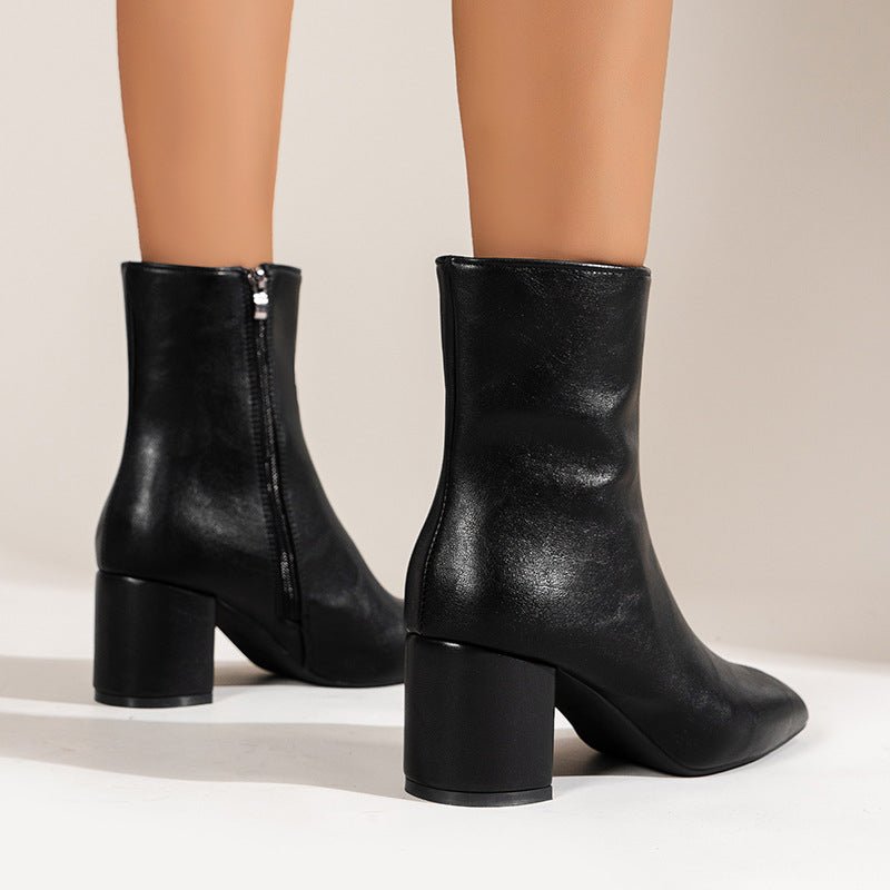 Chunky Heel Pointed Toe Boots With Side Zipper Fashion Mid-calf Boot For Women Shoes | Luxury Home Accessories | Heulog Glow