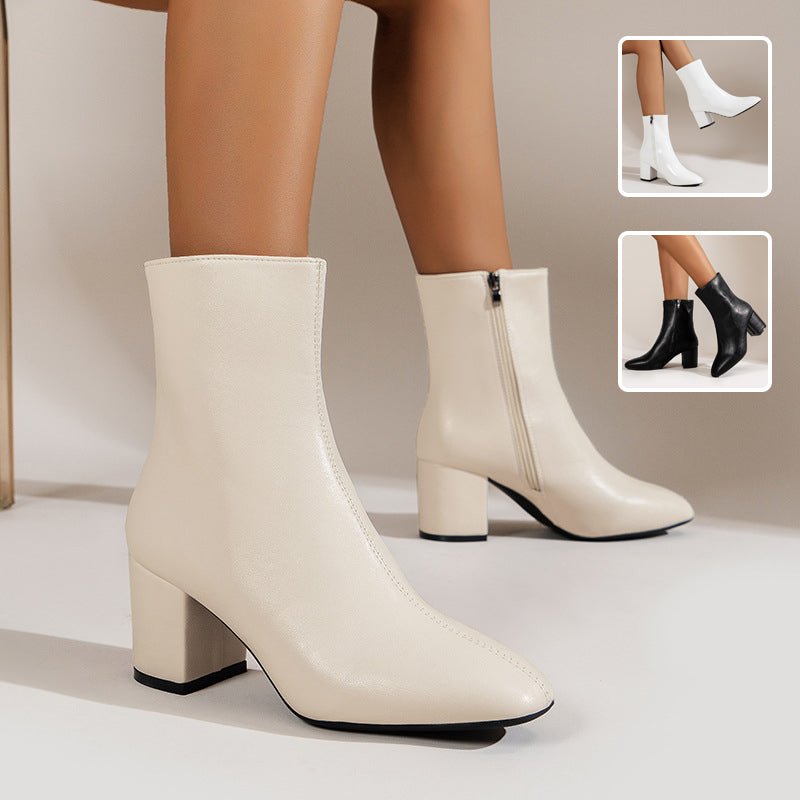 Chunky Heel Pointed Toe Boots With Side Zipper Fashion Mid-calf Boot For Women Shoes | Luxury Home Accessories | Heulog Glow