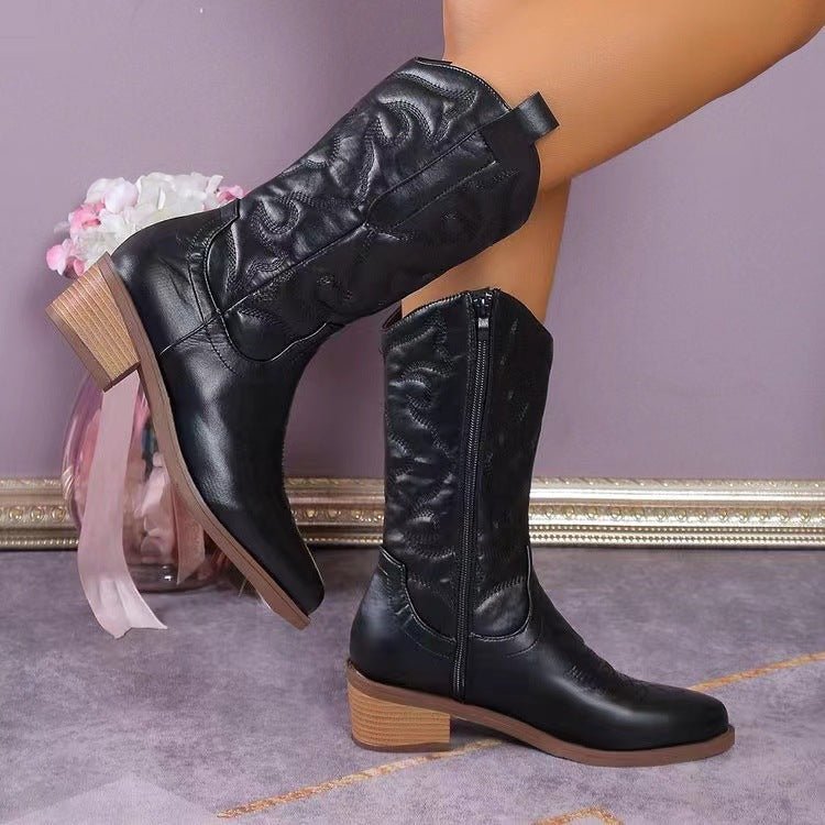 Chunky Heel Pointed Toe Western Boots Fashion Mid-tube Solid Knight Boot Autumn And Winter Shoes For Women | Luxury Home Accessories | Heulog Glow