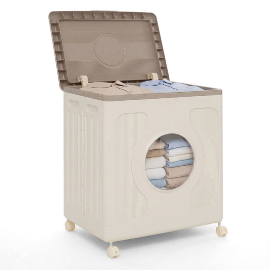 Clothes Storage Box with Lid and Wheels for Bedding Organization-Gray & White