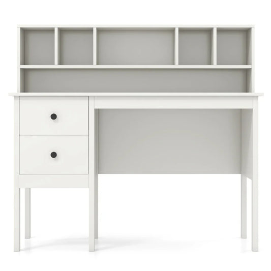 Computer Desk with Power Outlets and  5-Cubby Hutch-White