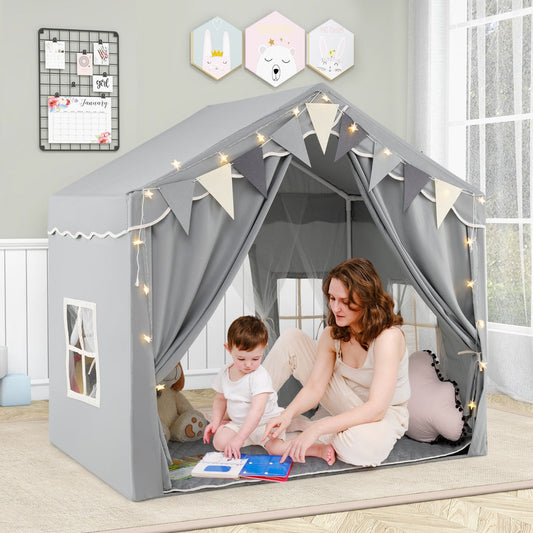 3-4 Kids Large Play Tent House with 2 Opening Doors  Star Lights and Plaid Pennants-Grey