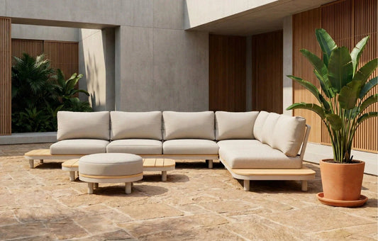 Cove 7 Seater Corner Garden Sofa Set | Solid Acacia Wood & Olefin Cushions | Luxury Home Accessories | Heulog Glow
