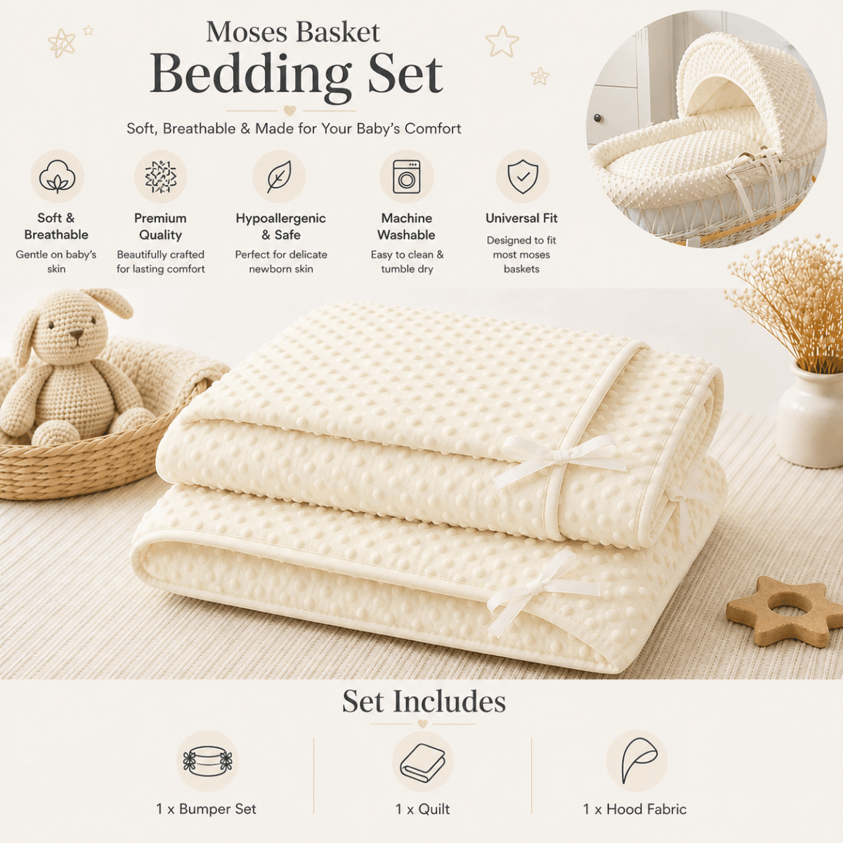 Cream Dimple Moses Basket Bedding Set (Basket Not Included!) | Luxury Home Accessories | Heulog Glow