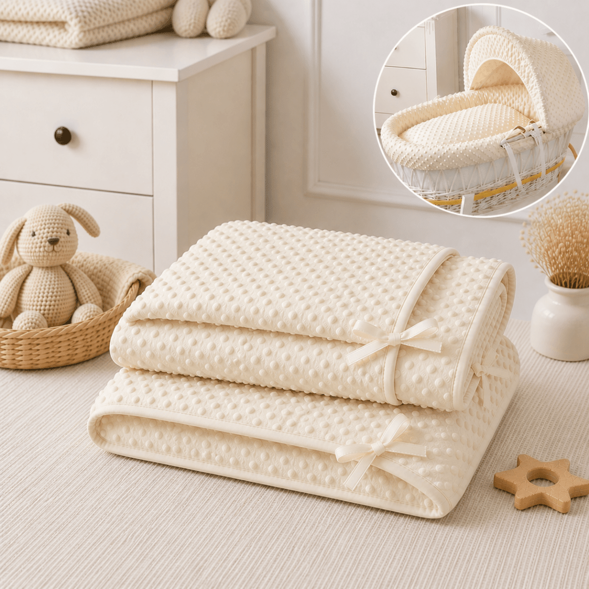 Cream Dimple Moses Basket Bedding Set (Basket Not Included!) | Luxury Home Accessories | Heulog Glow