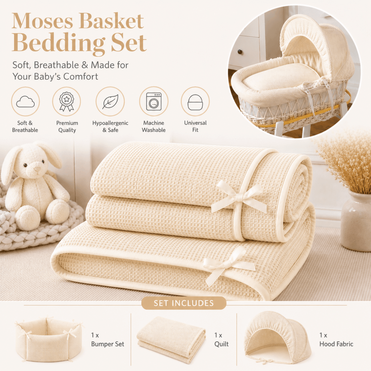 Cream Waffle Moses Basket Bedding Set (Basket Not Included!) | Luxury Home Accessories | Heulog Glow