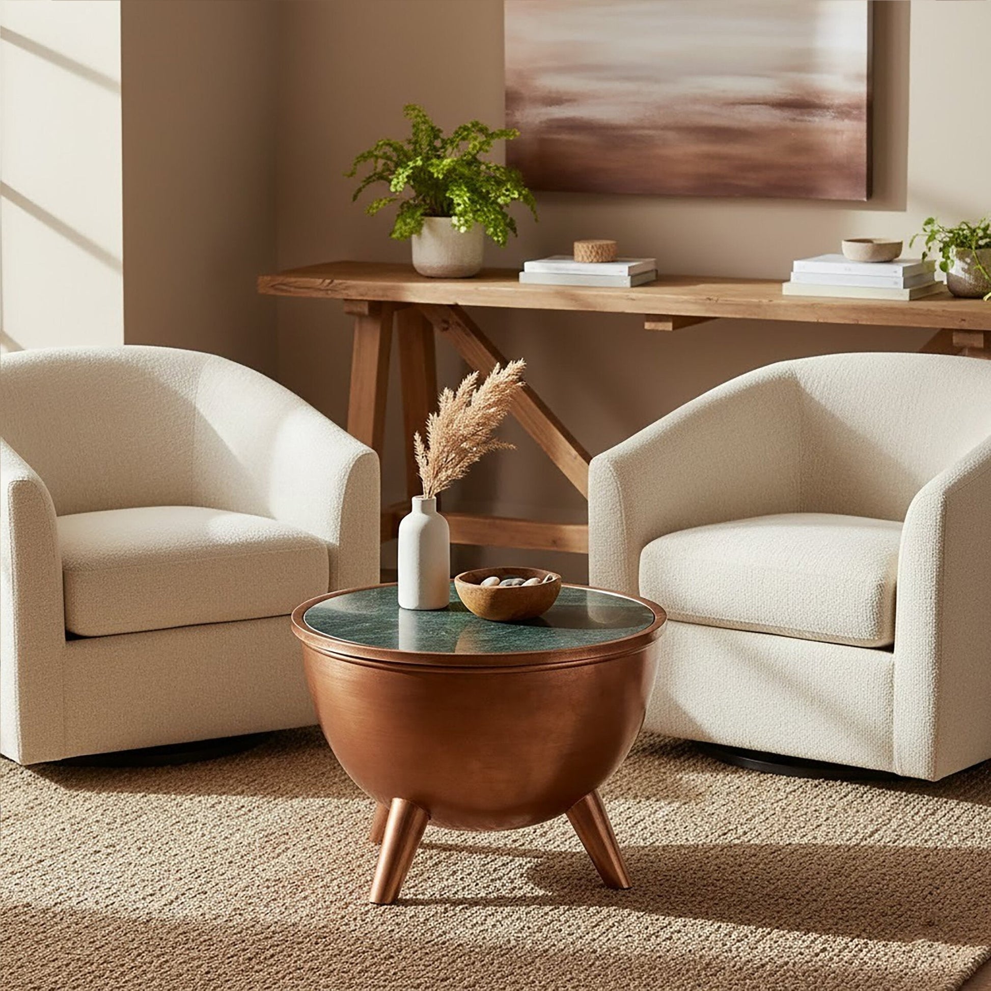 Crest Copper Bowl Shape Coffee Table with Green Marble | Luxury Home Accessories | Heulog Glow