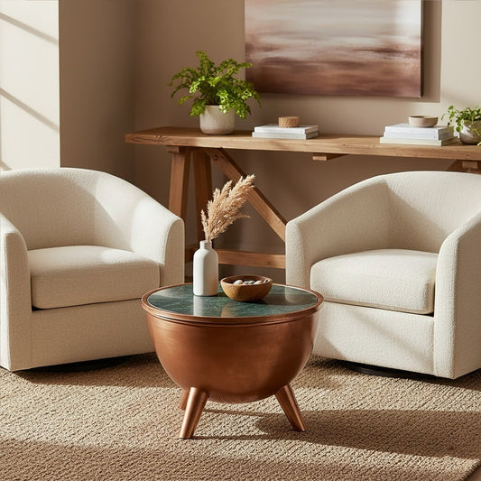 Crest Copper Bowl Shape Coffee Table with Green Marble | Luxury Home Accessories | Heulog Glow