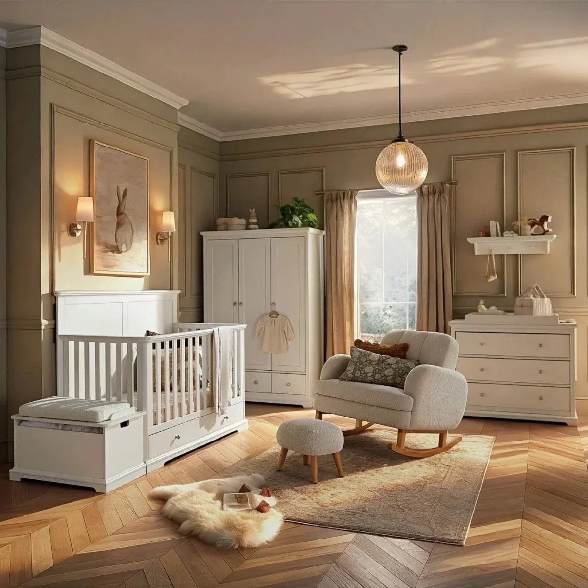 CuddleCo Beaumont Grand 3 Piece Nursery Furniture Set - White | Luxury Home Accessories | Heulog Glow