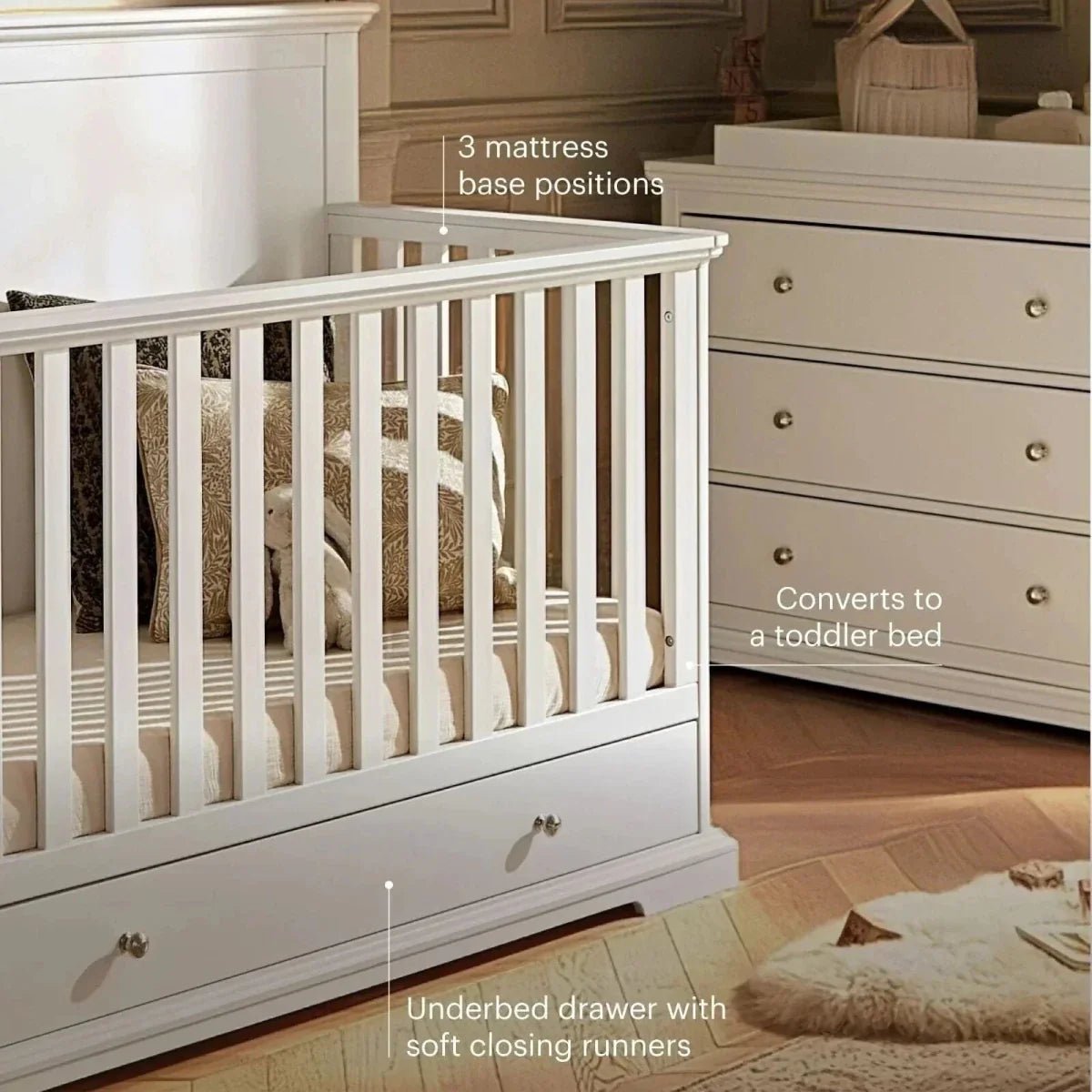 CuddleCo Beaumont Grand Cot Bed - White | Luxury Home Accessories | Heulog Glow