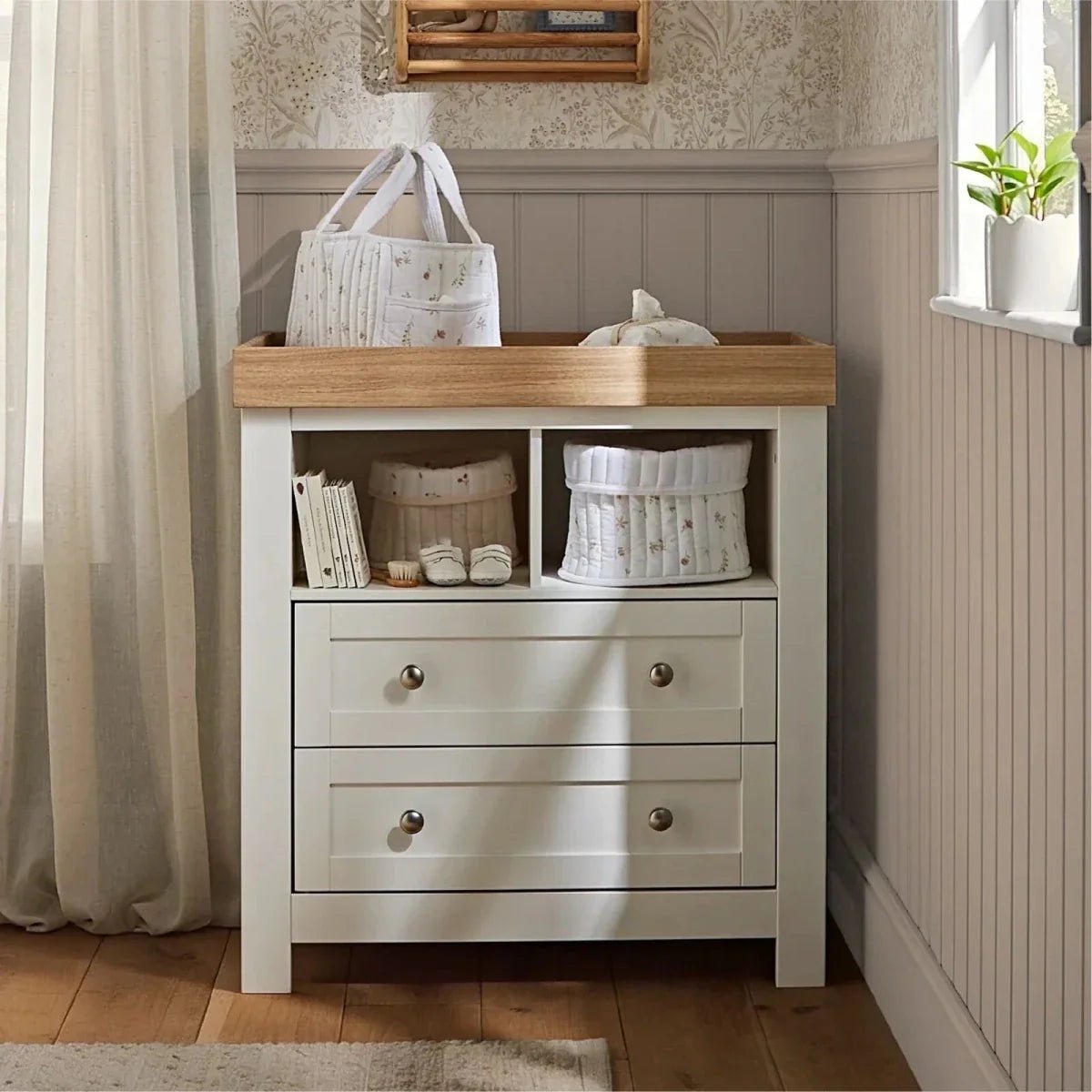 CuddleCo Burford 2 Piece Nursery Furniture Set - White/Oak | Luxury Home Accessories | Heulog Glow