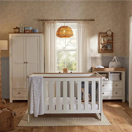 CuddleCo Burford 3 Piece Nursery Furniture Set - White/Oak | Luxury Home Accessories | Heulog Glow
