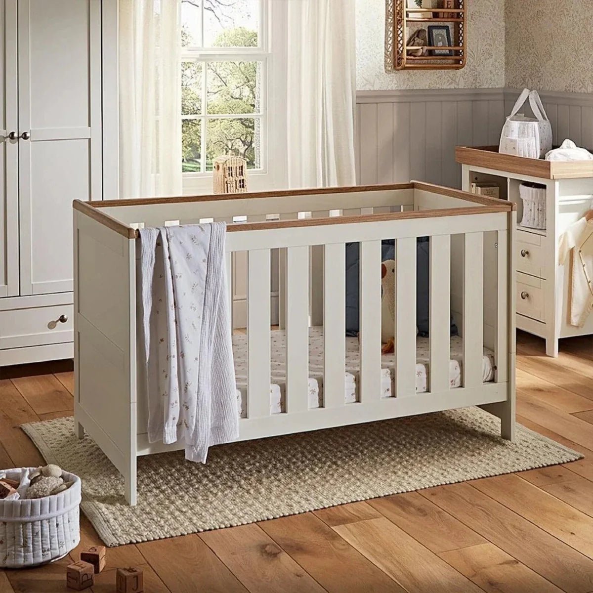 CuddleCo Burford Cot Bed - White/Oak | Luxury Home Accessories | Heulog Glow