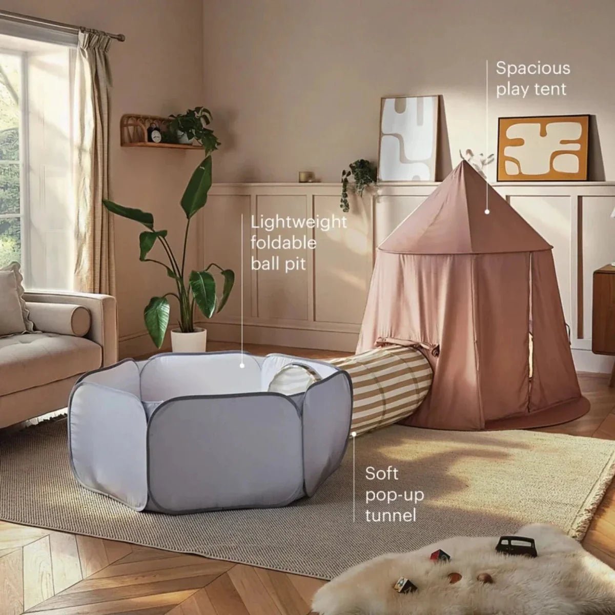 CuddleCo Pop-up Play 3 Piece Set - Tent, Tunnel & Ball Pit | Luxury Home Accessories | Heulog Glow
