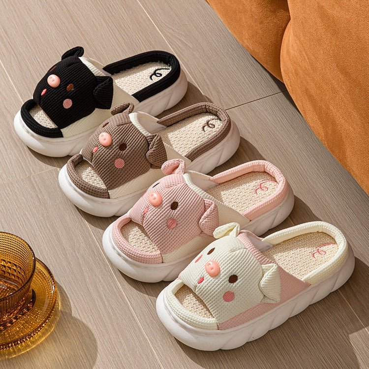 Cute Piggy Slippers Open Toe Linen Home Slipper Couples Women Men Cartoon Pig House Shoes | Luxury Home Accessories | Heulog Glow
