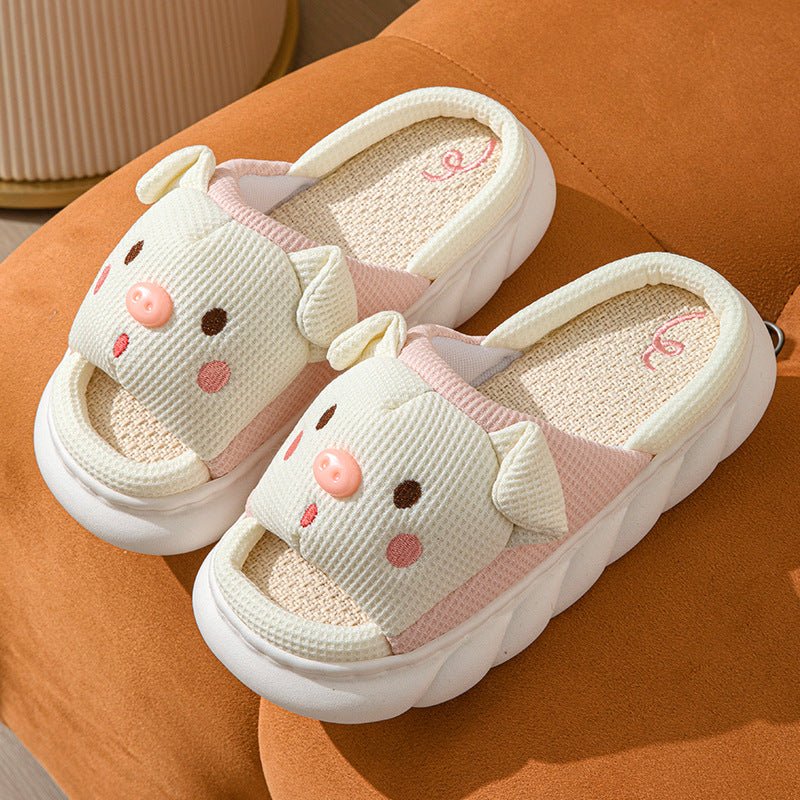 Cute Piggy Slippers Open Toe Linen Home Slipper Couples Women Men Cartoon Pig House Shoes | Luxury Home Accessories | Heulog Glow