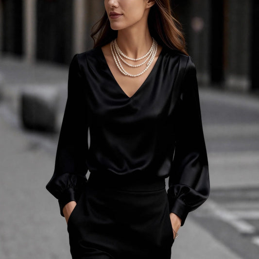French-style Elegant And Sophisticated Satin Long-sleeve Blouse With Bubble Sleeves And A V-neck