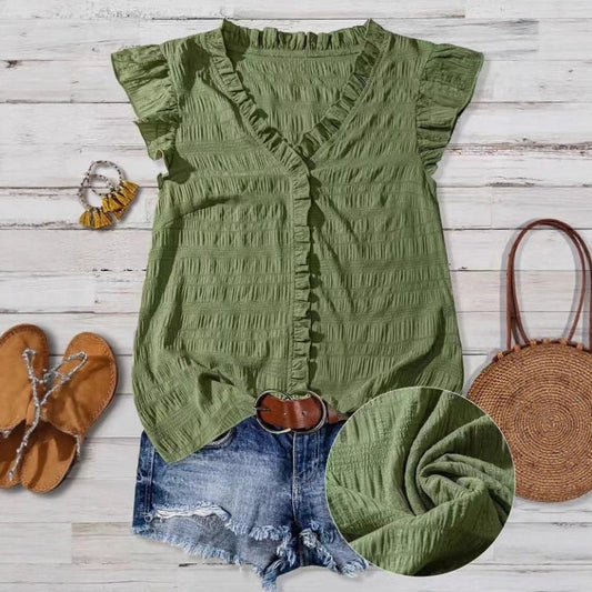New Women's V-neck Ruffled Short-sleeve Blouse Loose-fit Figure-flattering Top With Lace Detailing