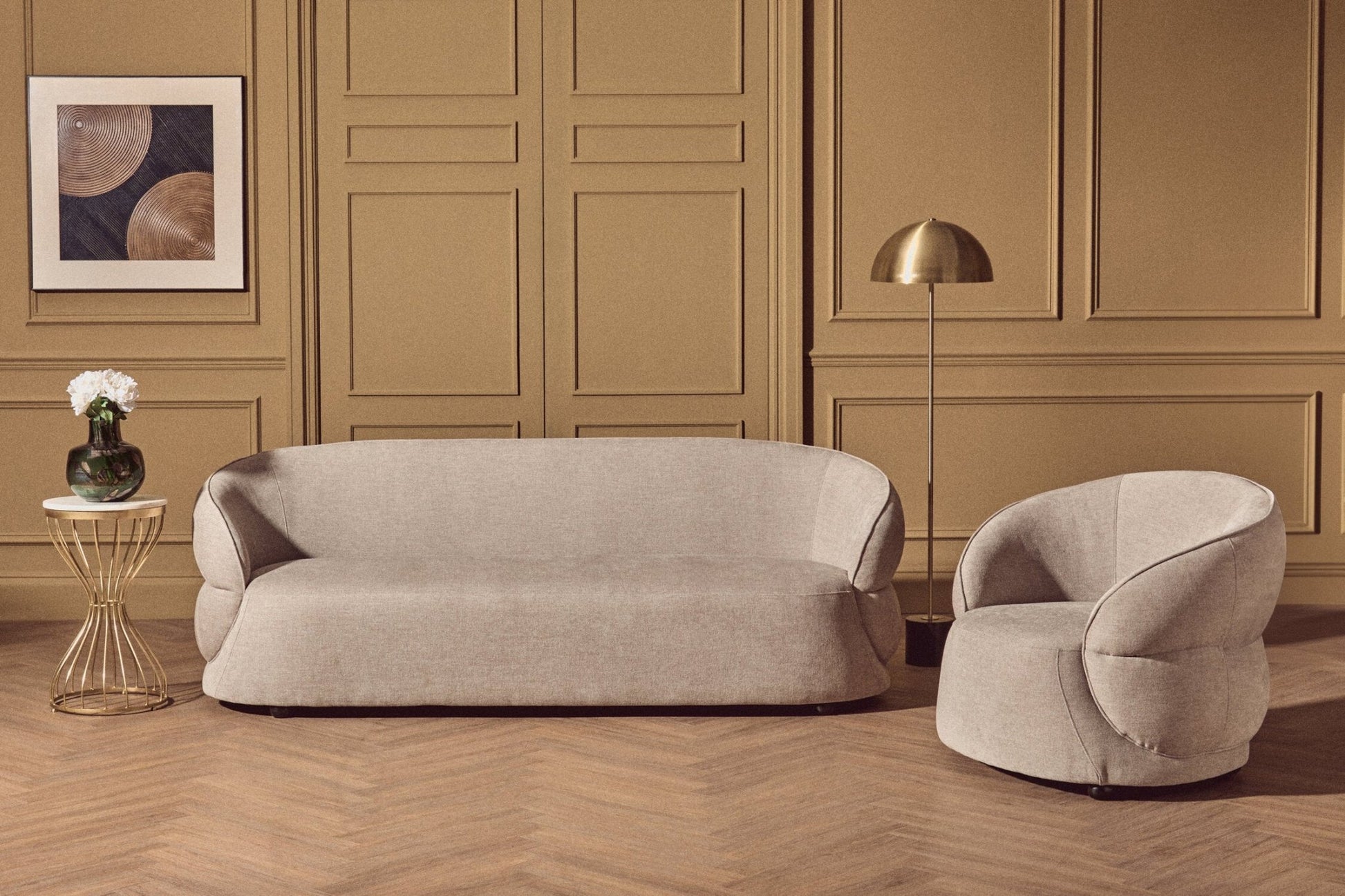 Daphne Taupe Chenille Effect Curved Chair | Luxury Home Accessories | Heulog Glow