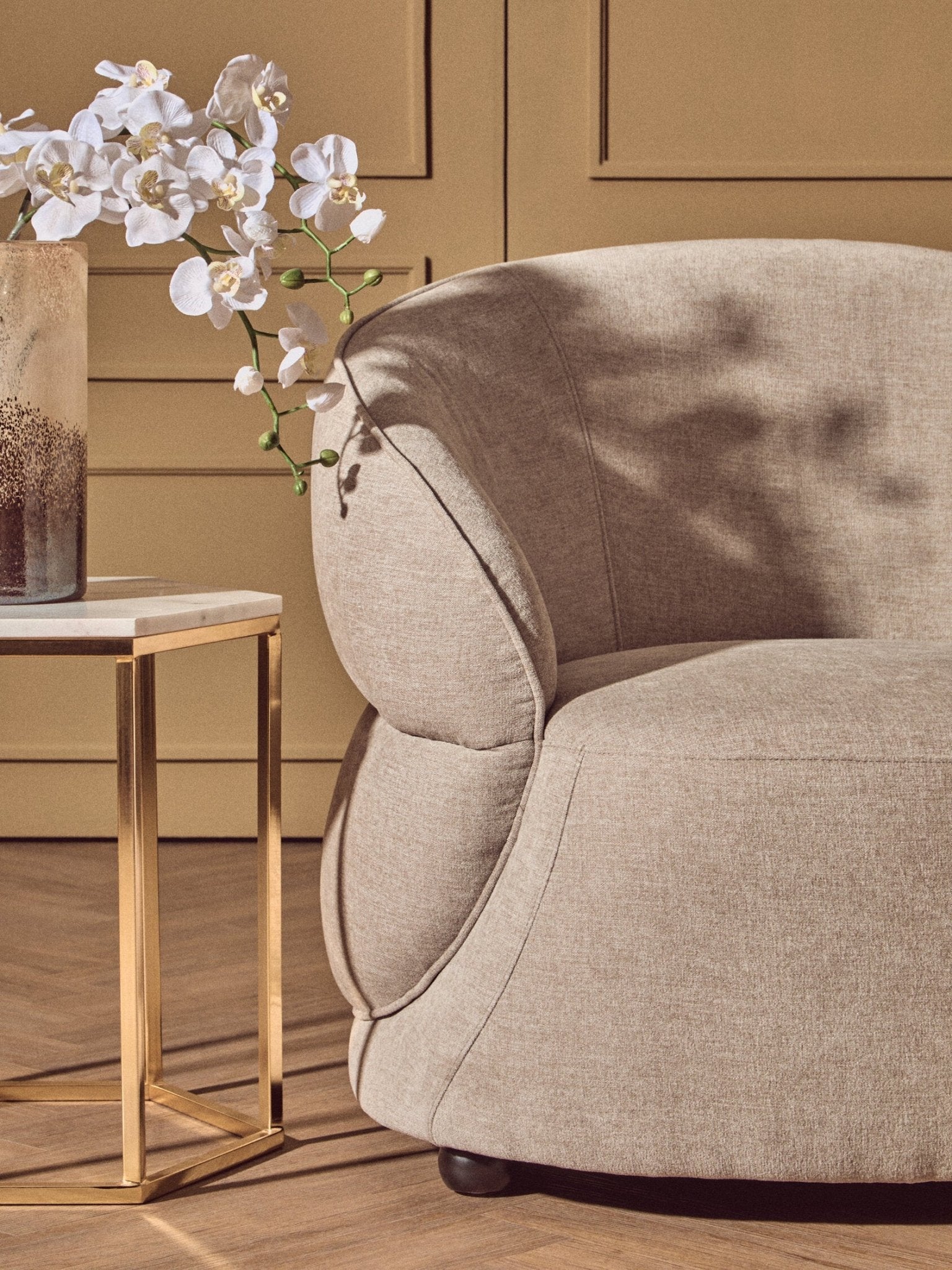 Daphne Taupe Chenille Effect Curved Chair | Luxury Home Accessories | Heulog Glow
