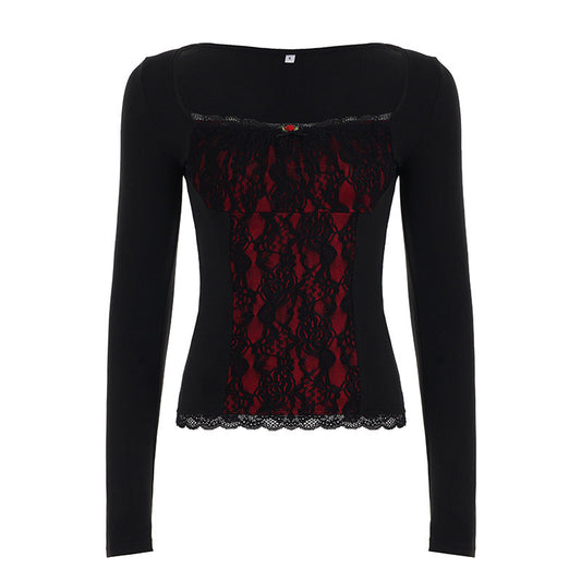 Lace-embellished Long-sleeve Blouse With Ruffled Trim