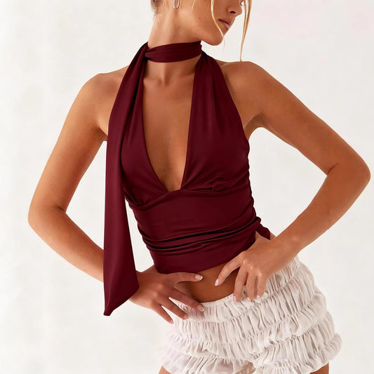 Deep V-neck Ruched Slim-fit Backless Short Womens Top | Luxury Home Accessories | Heulog Glow